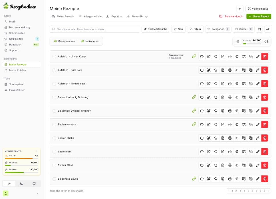 Screenshot von Rezeptrechner Software