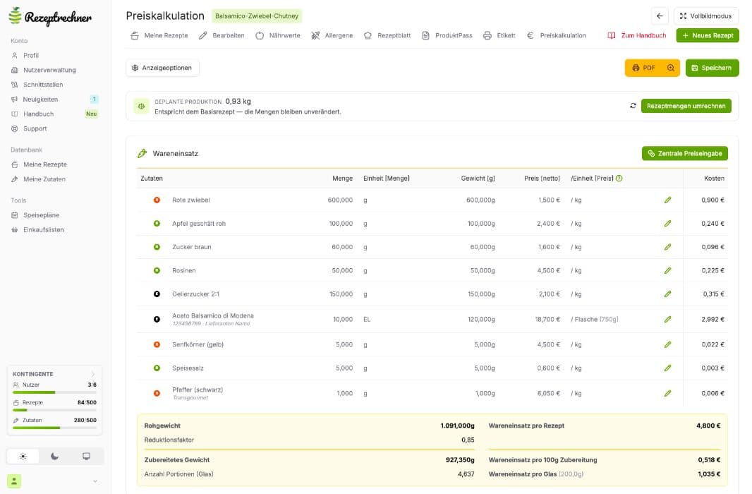Rezeptrechner Software, Ansicht 1