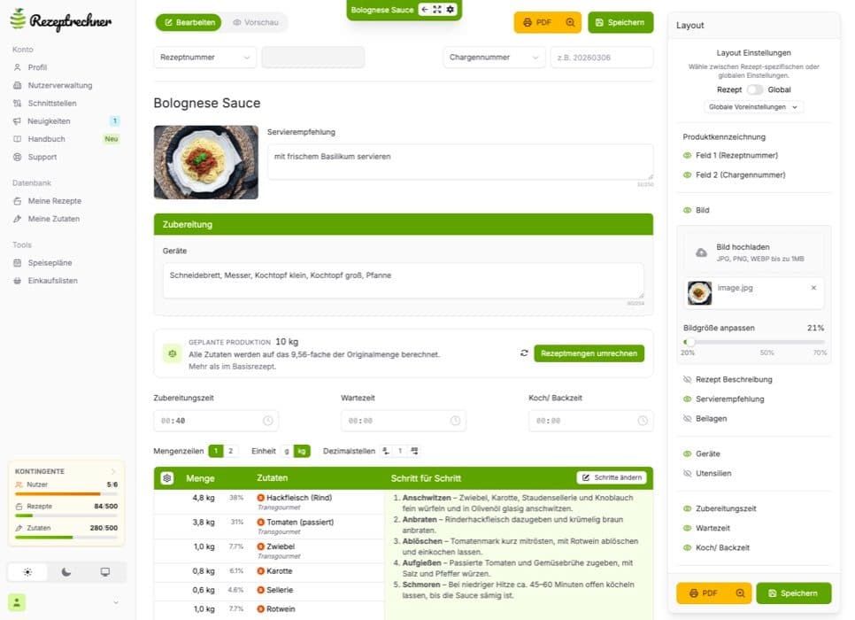 Rezeptrechner Software, Ansicht 4