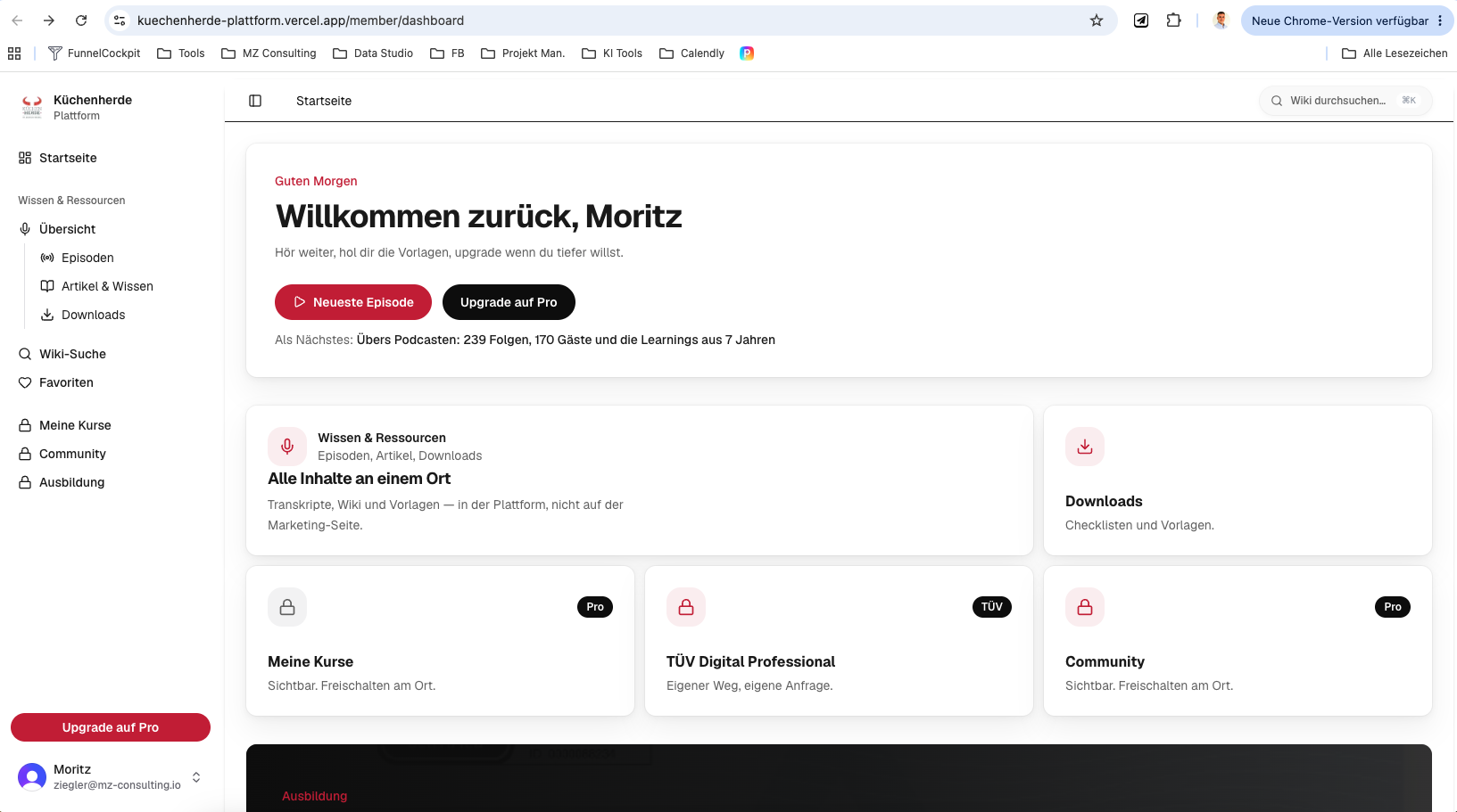 Dieselbe Mitglieder-Startseite, mit Kurs, Sprechstunde, Workshop und Hub freigeschaltet