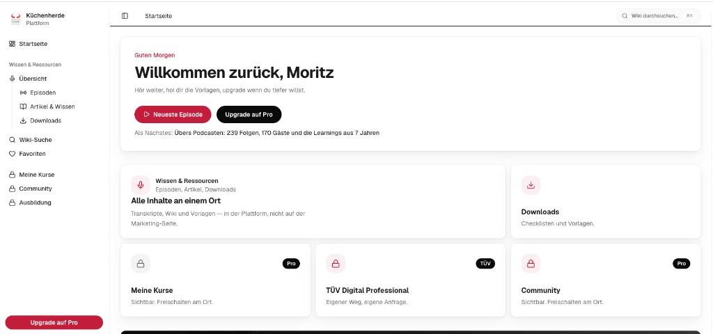Startseite im Mitgliederbereich der Küchenherde KI-Plattform